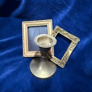 Brass Tone Candle Stick Holder w/ 2 Small Plastic/Resin Frames